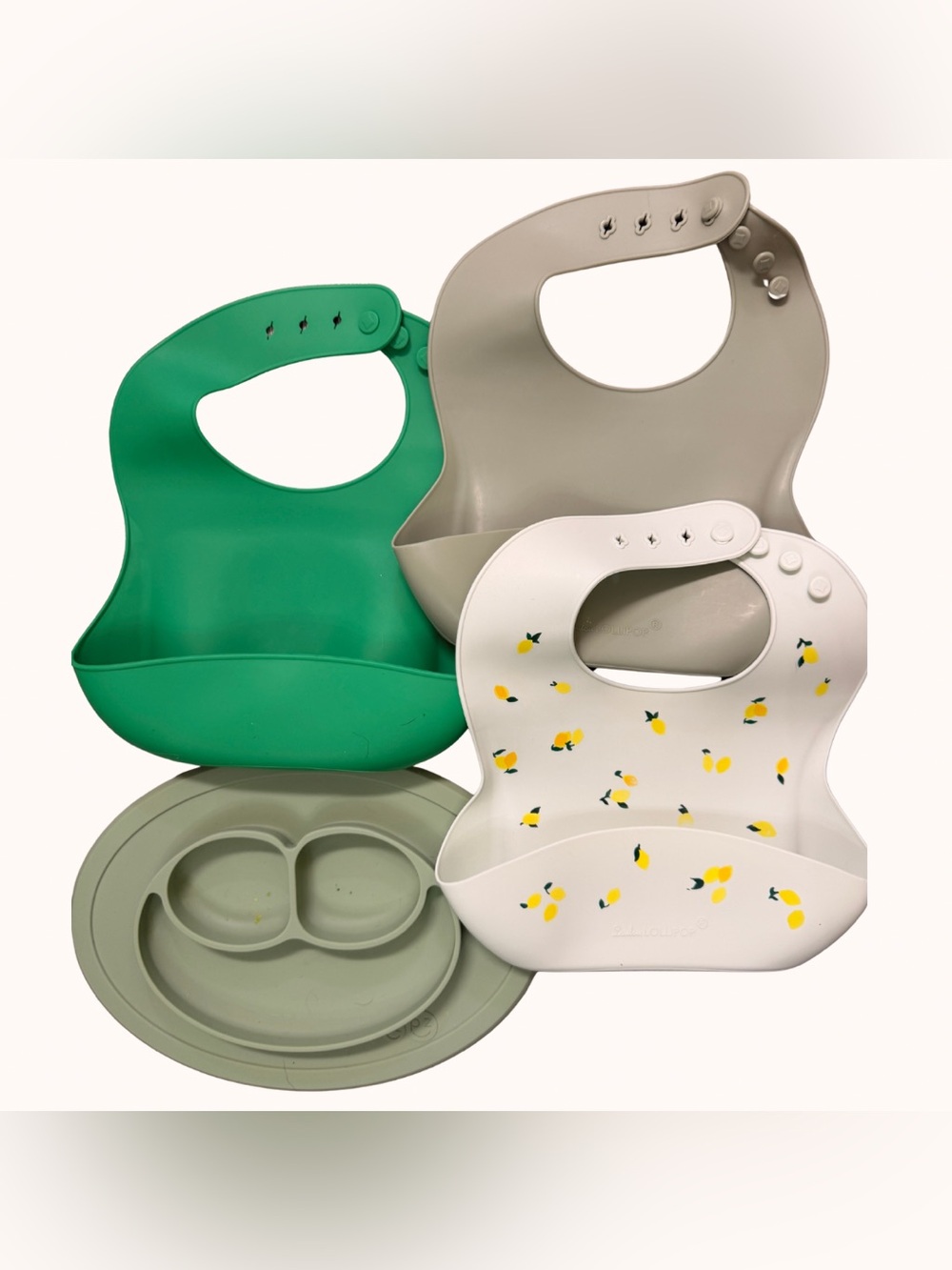 cloud island Silicone Bib Set in Green, Gray, White with Lemon Print
